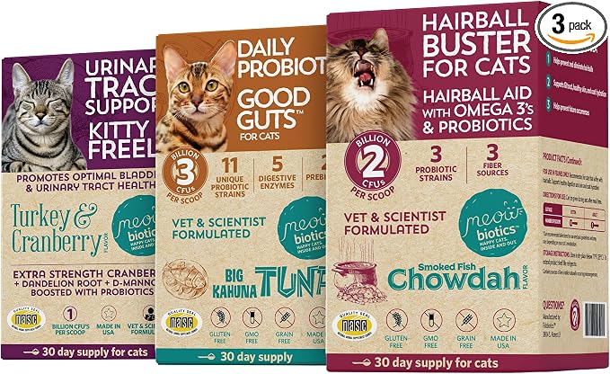 Meowbiotics Cat Probiotic Powder for Urinary, Gut, Immune Health, Variety Pack Kitty P. Freely Urinary Care, Hairball Buster, Good Guts Digestive Support Food Topper Supplement Made in USA 30d Supply