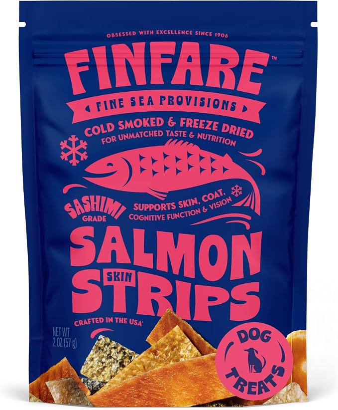 Finfare Freeze Dried Salmon Skin Treats for Dogs, Protein & Omega-3s, Grain Free Salmon Dog Training Treats, Crafted in USA, Strips - 2oz