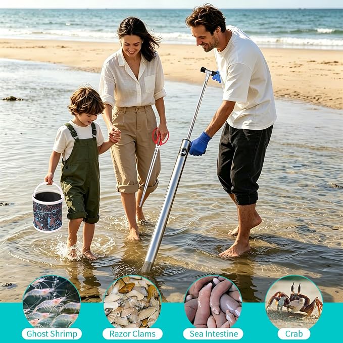 2026 6pcs V4 Upgrade Ghost Shrimp Pump Kit - 32in Stainless Steel Sand Vacuum for Fishing, F-Shape Grip Beach Extractor for Ghost Shrimp Bucket Kit with Gloves & Clamp