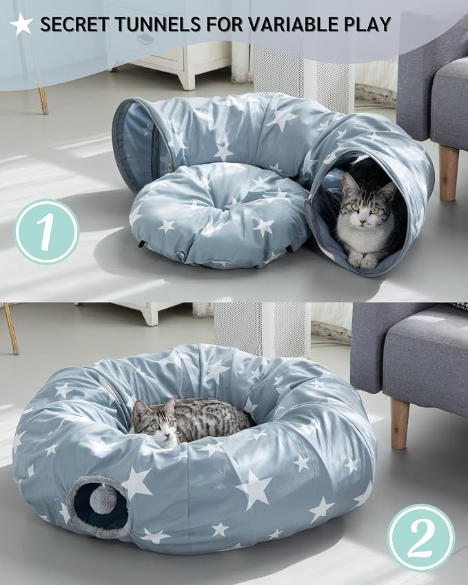 JanYoo Large Cat Tunnel Bed for Indoor Cats, Cat Cave Bed Donut Tunnel with Ball, Foldable Interactive Pet Cave Toys Tube for Indoor Cats Kitten Puppy Bunny, Grey