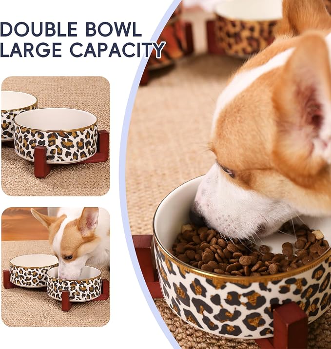 Dog Bowl Set with Wood Stand, Non-Slip Anti-Tip Elevated Design, Double Ceramic Animal Food Water Cat Bowls, Suitable for Large/Medium Sized Dog Pet Feeder Dish Station - 32 OZ,White Leopard Print