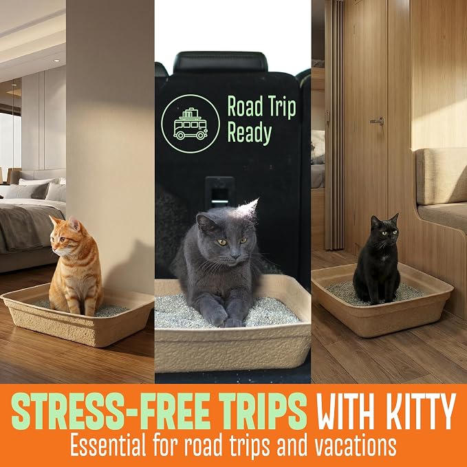 CallieCo Disposable Cat Litter Boxes - Portable Biodegradable Travel Litter Box for Cats, Sturdy and Durable Kitty Poo Box, Leak-Resistant Cat Tray Liners, Easy-Grip Rim, Jumbo - 4 Pack