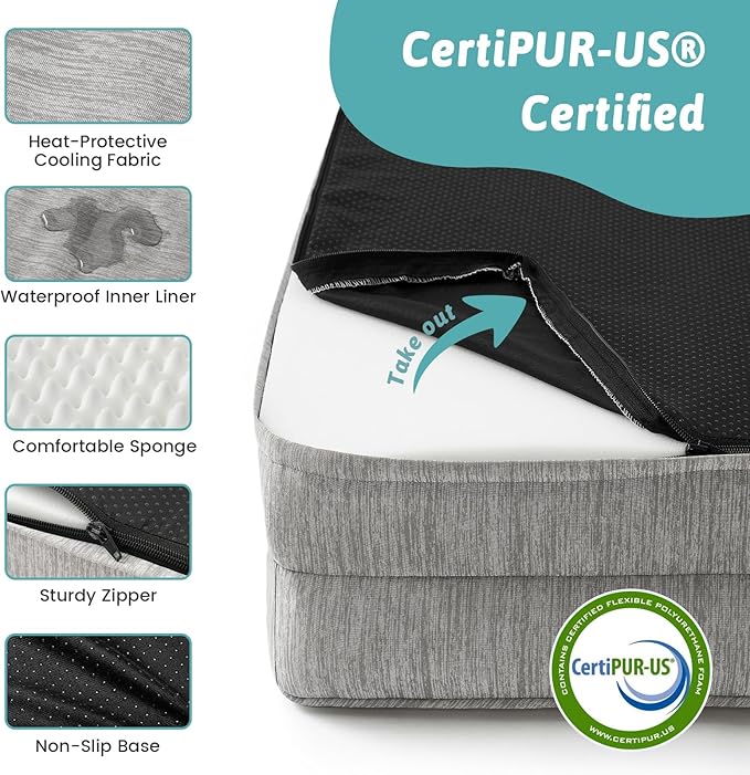 COZY KISS Cooling Dog Bed for Small Dogs, 30"x20" Orthopedic Foam Sofa with Bolster Sides, Q-Max >0.4 Cooling Technology, Cool Pet Bed with Removable Washable Cover, Grey