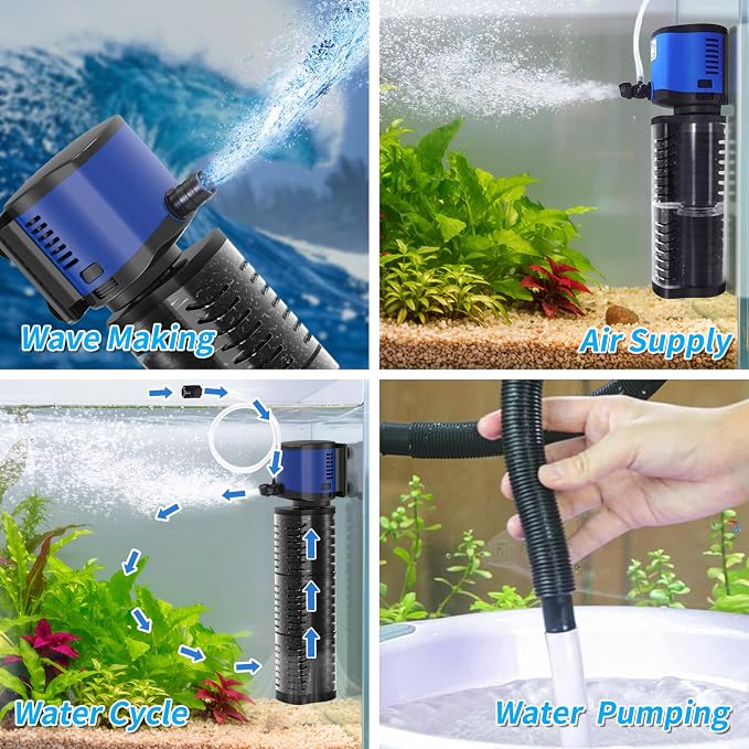 TARARIUM Aquarium Filter 260GPH for 30-75 Gallon Fish Tank, Biochemical Quiet Submersible Internal Filtration Powerful Pump Air Supply Wave Maker 4 in 1, Saltwater & Freshwater Crystal Clear