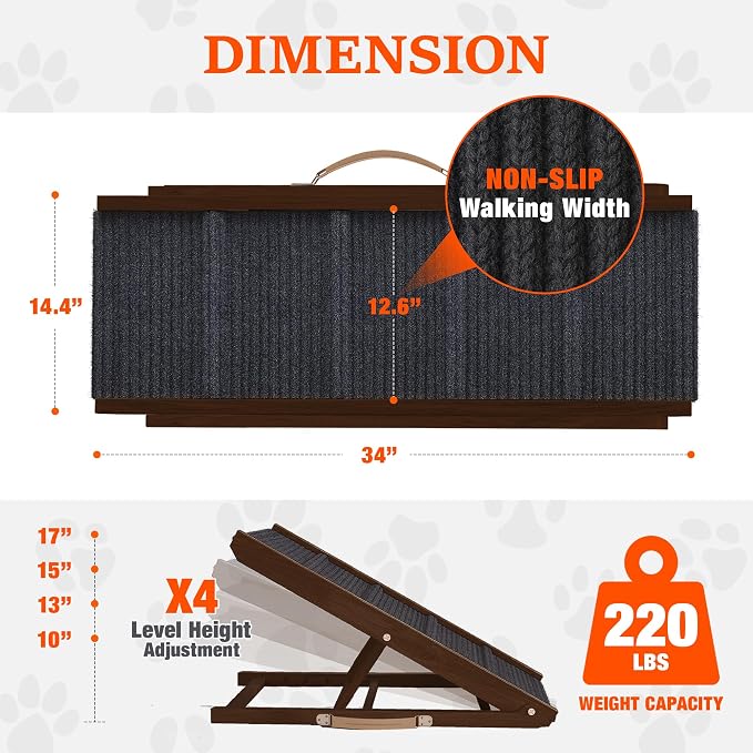 Adjustable Dog Ramp for Bed - 34" Long Foldable Wooden Ramp for Dogs to Get on Bed, Couch, or Car with 12.6" Wide Walking Space - (Walnut Wood with Gray Carpet)