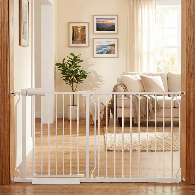 Extra Wide Baby Gate 57.5-62" Dog Gate for Doorways, Pressure Mounted No Drill Safety Gate for Kitchen, Hallways, White/Black Metal Pet Gate for Dogs