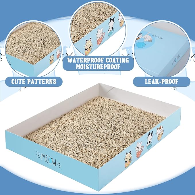 Roshtia 30 Pcs Disposable Cat Litter Box Foldable Paper Kitty Tray 13.8 x 10 x 2 Inch Portable Kitten Pan Low Entry Lightweight Cardboard(Meow,Blue)