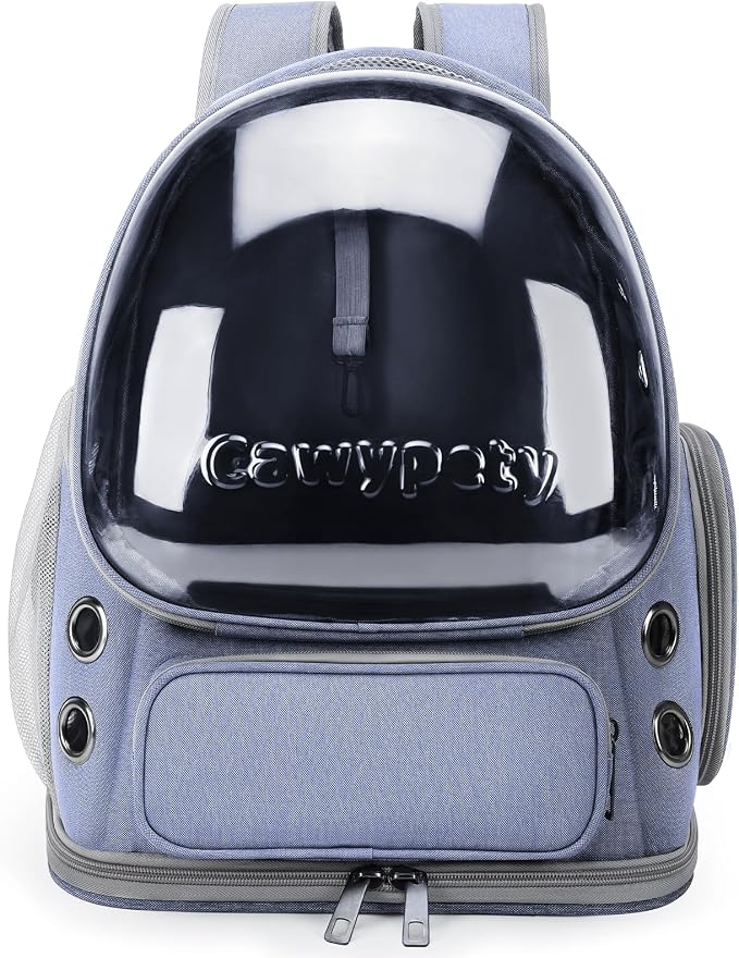Cawypety Cat Backpack Carrier, Breathable Cat Carrier Large Space Bubble Pet Backpack for Kitty Small Dog up to 12lbs, Transparent & Foldable Pet Carrier for Travel Hiking (Blue