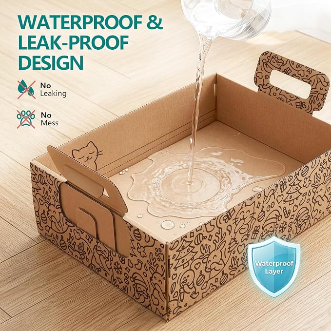 3-Pack Disposable Cat Litter Box, Waterproof & Leak-Resistant Cardboard, Foldable for Travel and Temporary Use, Eco-Friendly with Cute Cartoon Design, Gift for Cat Lovers