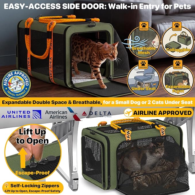 PAWZIDEA Expandable Pet Carrier with Wheels, 18"x11"x11" TSA Airline Approved Cat Carrier for 2 Cats Under Seat, Collapsible Soft-Sided Small Dog Rolling Travel Bag with Telescopic Handle, Up to 18lbs