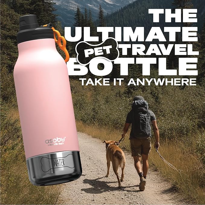 asobu Dog Barky Bottle – Insulated Stainless Steel Water Bottle with 2 Removable Dog Bowls for Food, Treats & Water – Pet-Friendly Travel Bottle for Hiking, Road Trips & Outdoor Adventures