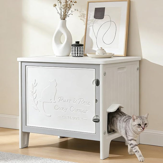 Cat Litter Box Enclosure Furniture Plastic Hidden Enclosed Litter Box Cabinet Cat House Kitty End Table for Living Room, Entryway, Balcony, Bedroom
