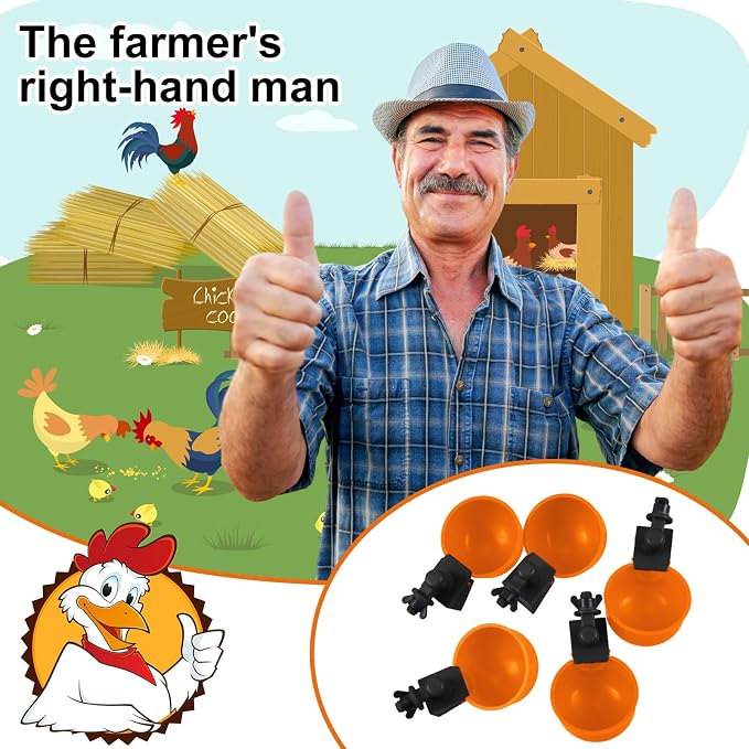 Tanlade 50 Pcs Automatic Chicken Waterer Cups Chicken Feeder for PVC Pipe Waterer Kit for Poultry Duck Goose Turkey Bunny (Orange,Classic)