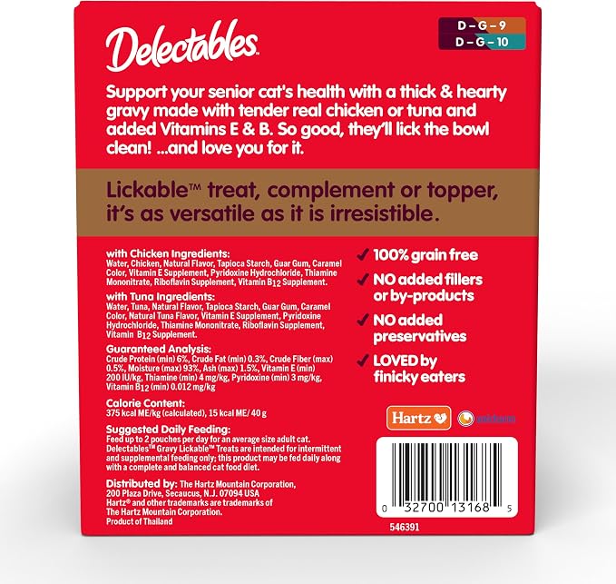 Delectables Lickable Treat Gravy Senior 10+ Variety Wet Cat Treat & Food Topper, Food Topper, Hydrating, Grain-Free, No Fillers, No by-Products, No Added Preservatives, 1.4-oz Pouch, 12 Count