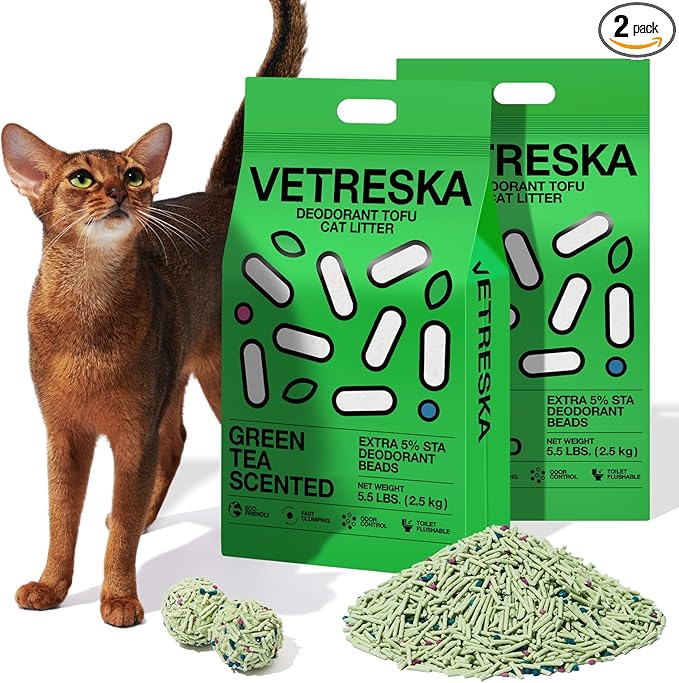VETRESKA Tofu Cat Litter,Natural Kitty Litter Strong Clumping Flushable Cat Litter Pellets Ultra Absorbent,Odor Control,Dust-Free,Low Tracking Eco-Friendly Tofu Litter,Greentea(5.5lb×2bags)