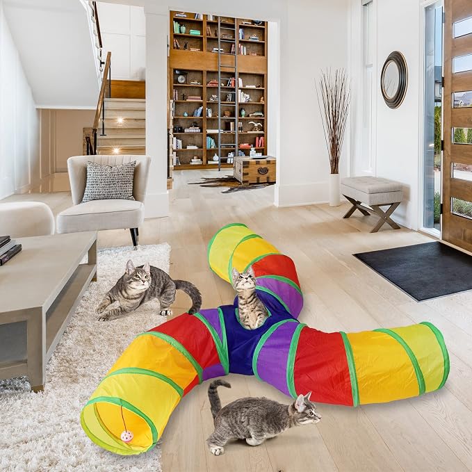 Bemodst S-Type Cat Tunnel, 2 Way/3 Way/4 Way/5 Way Collapsible S-Shape Small Animal Tubes Kitty Tunnels Interactive Maze House Toy with Storage Bag for Kitten Puppy Rabbit Guinea Pig (Rainbow-3 Way)