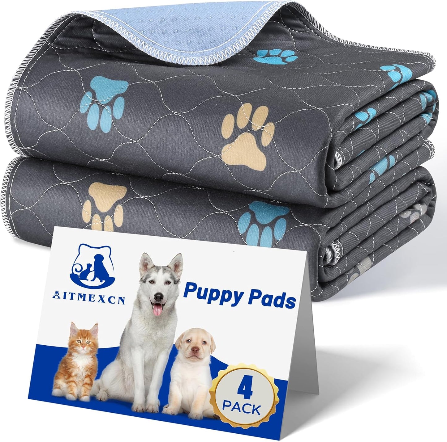Aitmexcn Washable Puppy Dog Pee Pad, 4PCS 100% Waterproof Whelping Training Mat for Puppy/Senior Dog, Fast Drying Reusable Puppy Pads for Indoor, Outdoor and Car Travel- 32x36''