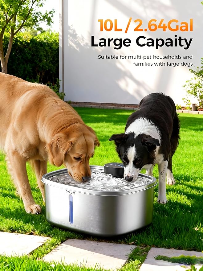 Dog Cat Water Fountain Wireless Stainless Steel Water Fountain for Small Large Dogs, Fresh Flow 10L Dispenser, Doggy Spout Water Bowl,Wider Drinking Area, LED Window, Ultra-Quiet - 1 Filter