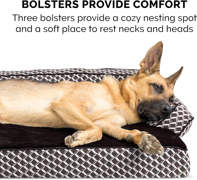 Furhaven Orthopedic Dog Bed for Large Dogs w/ Removable Bolsters & Washable Cover, For Dogs Up to 125 lbs - Plush & Woven Decor Comfy Couch Sofa - Diamond Brown, Jumbo Plus/XXL