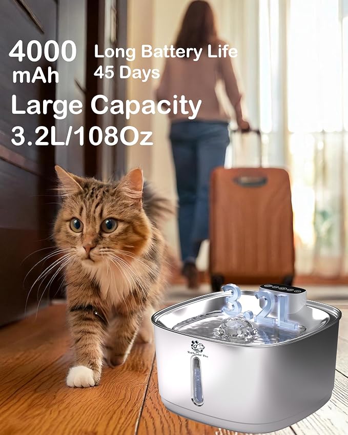 Stainless Steel Cat Water Fountain 3.2L/108oz Kitty Cat Water Fountain Cordless Battery Operated Pet Water Fountain Bundle
