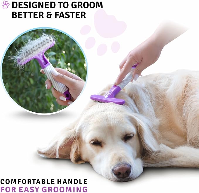 Poodle Pet Bundle - Dematting Fur Rake Comb Brush Tool with Steel Safety Blades for Detangling Matted or Knotted Undercoat Hair + Dog Grooming Rake Brush with Stainless Steel Shedding Comb for Pets