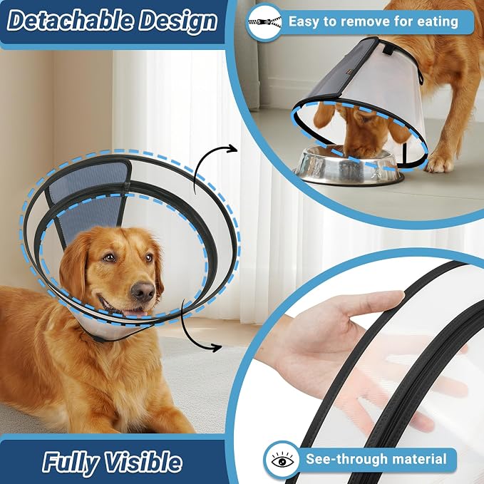 Dog Cone to Stop Licking, Clear Recovery Collar with Detachable Zipper, Sturdy Elizabethan Collar for Large Medium Small Dogs, Soft Adjustable Cone After Surgery Patented, Black M