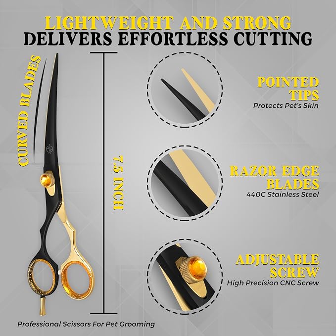 7.5 Inch Curved Grooming Scissors for Dogs and Cats – Professional Pet Grooming Shears for Face, Paws, Body and Tail – Sharp, Smooth, Ergonomic Curved Blades for Salon Groomers and Home Use