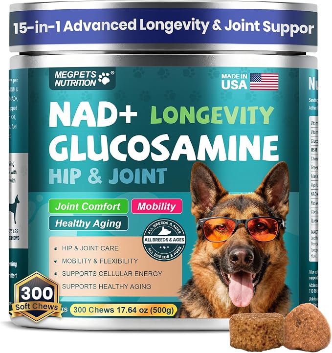 NAD+ Glucosamine for Dogs Hip and Joint Supplement - 300 Soft Chews - Advanced Mobility Support with MSM, Chondroitin, Resveratrol & CoQ10 - Healthy Aging & Vitality