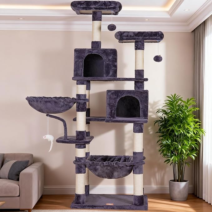 Heybly Cat Tree, 70 inches Tall Cat Tower condo with Toy for Indoor Large Cats, Cat House Furniture with Padded Plush Perch, Cozy Hammock and Sisal Scratching Posts,Smoky Gray HCT032G