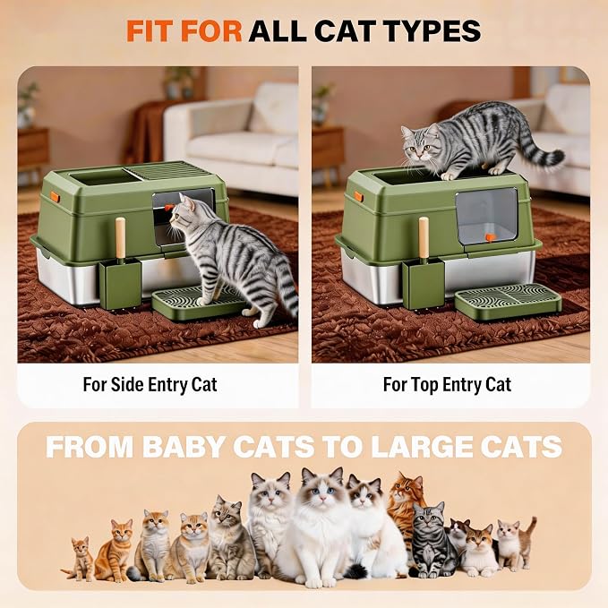 Extra Large Enclosed Stainless Steel Litter Box with Lid，Side Entry Top Exit High Sided Metal Cat Litter Pan，Non-Stick Easy Cleaning Anti-Urine Leakage for Big Cats，Includes Scoop & Step, Green