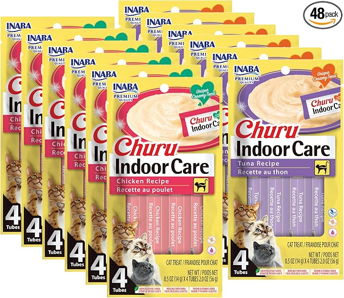 INABA Churu for Cats, Functional, Creamy Lickable Purée Cat Treat for Indoor Care and Hairball Control, 0.5 Ounces Each, 48 Tubes (4 per Pack), 2 Flavor Tuna and Chicken Variety Pack
