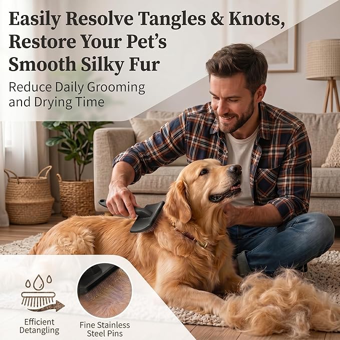 Large Slicker Brush for Dogs - 3-Piece Solid Wood Dog Grooming Kit for Doodles and Poodles - for Wavy, Curly & Matted Hair, Black