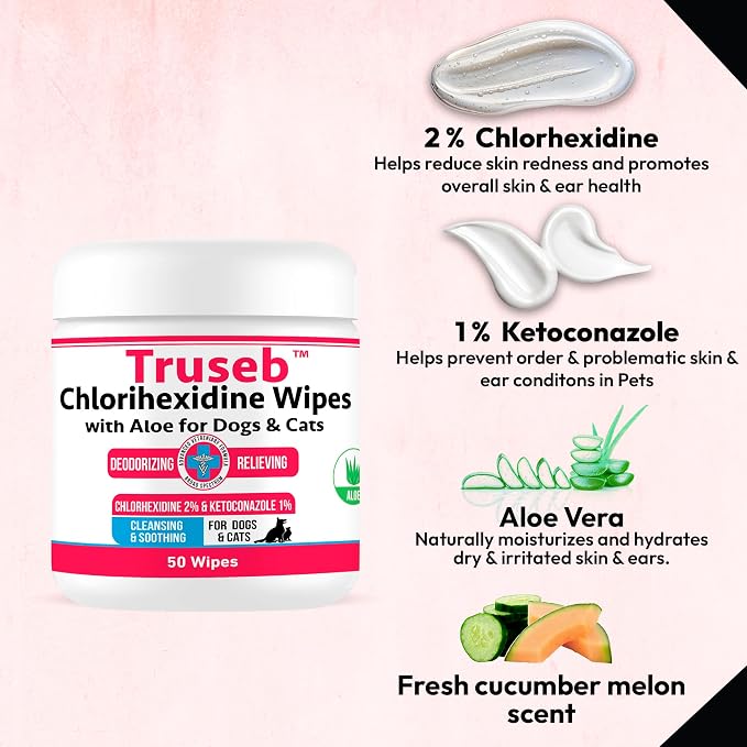 Pet Health Pharma Truseb Topical for Dogs, Cats and Horses - with Aloe for Cleansing (Ketoconazole & Chlorhexidine Wipes, 100 Count)