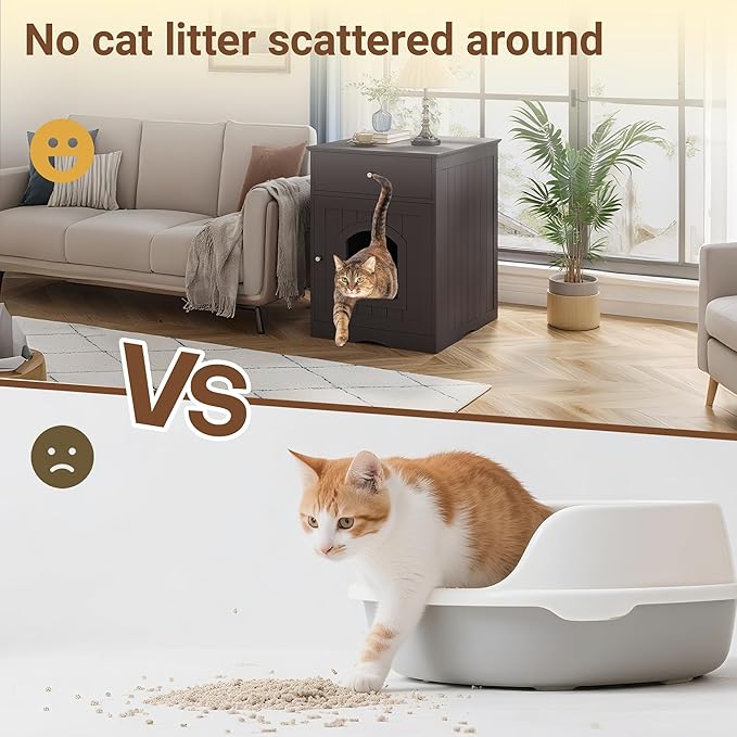 Litter Box Enclosure, Hidden Cat Litter Box Cabinet with Drawer, Wooden Pet Crate, Litter Box Furniture as Cat House, End Table, Fit Most of Litter Box (Brown)