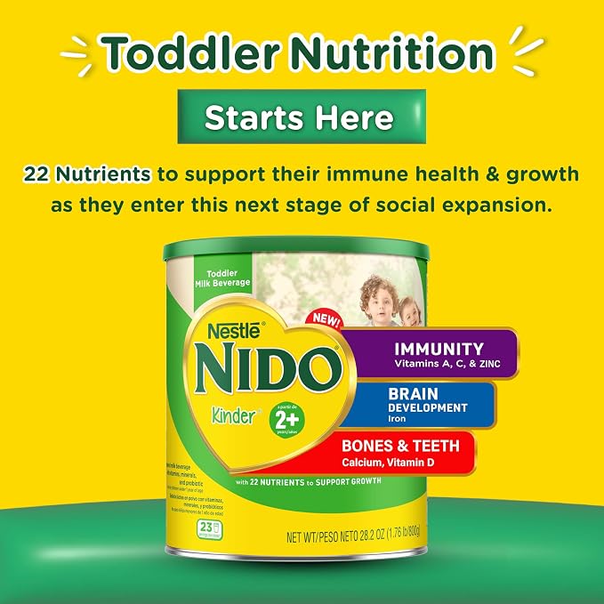 Nestlé NIDO Kinder Toddler Milk Beverage Powder Mix, 2 + Years, 23 Servings per Container, 28.2oz (Pack of 4)