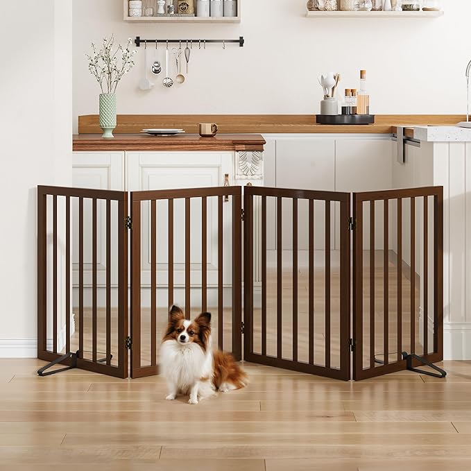 Wooden Dog Gate Freestanding Foldable 4 Panel Pet Gates Extra Wide Dog Gates for Indoor Doorways Stairs 24in Height Support Feet Included
