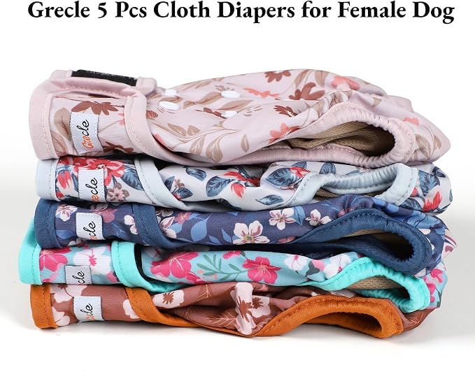 Washable Female Dog Diapers (5 Pack) - Doggie Reusable Small Medium Large Dog Diapers for Doggy Puppy Female in Period - Highly Absorbent Dog Heat Panties,S Plus,Breenish Lily Flower
