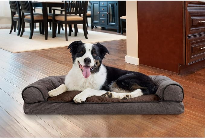 Furhaven Pillow Dog Bed for Large/Medium Dogs w/ Removable Bolsters & Washable Cover - Sherpa & Chenille Sofa - Coffee, Large