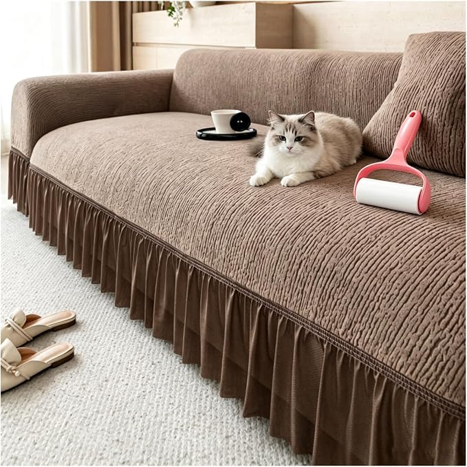 Velvet Sofa Cover with Skirt,Full Coverage Non-Slip Couch Slipcover, Soft Textured Furniture Protector for Living Room with Free Pet Lint Remover Roller(Brown,Loveseat)