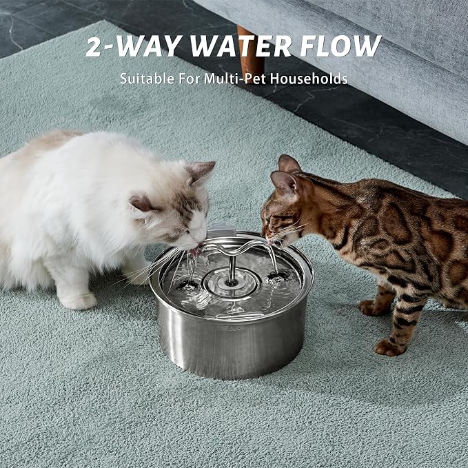 DOOOB Cat Water Fountain, 3.2L/108OZ Stainless Steel Cat Water Fountain, Automatic Metal Dog Water Fountains Water Bowl with Ultra-Quiet Pump and 8 Filters & 8 Sponges