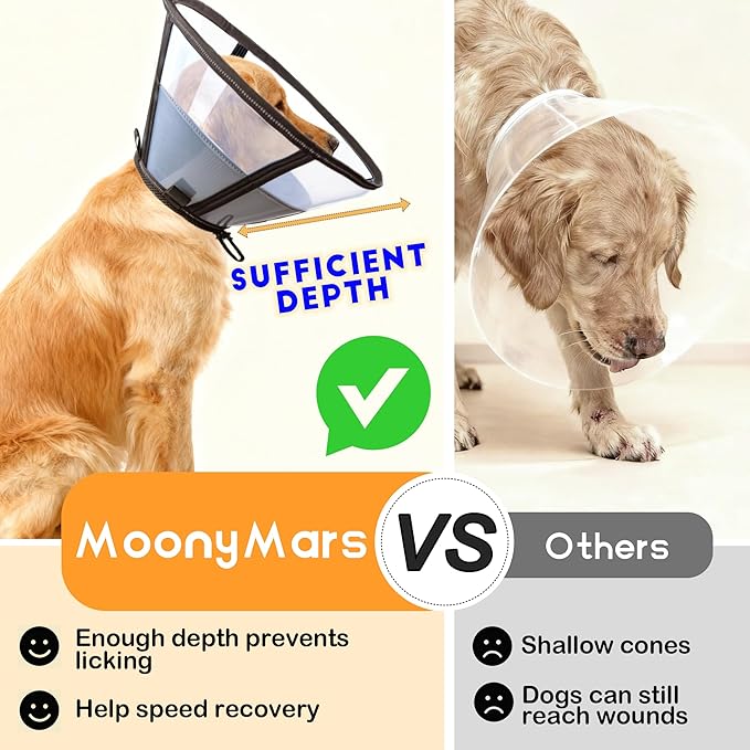 Soft Dog Cone, Stop Licking Deep Pet Recovery Collar After Surgery for Large Medium Dogs, Clear Plastic Breathable Elizabethan Head Neck Circle, Adjustable Comfortable Cones 12" Long (LL Black)