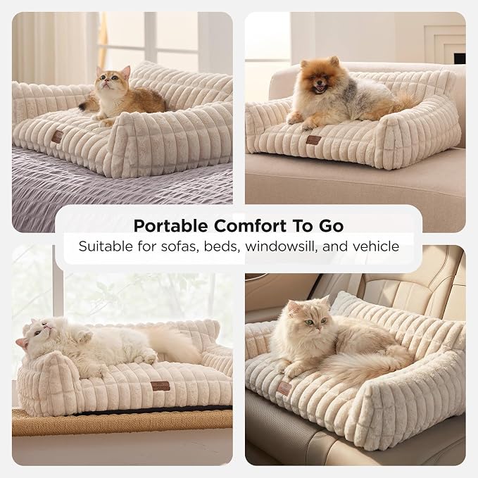 Joydeco Cat Couch for Pets, 24 inch Plush Pet Sofa, Cat Bed for Indoor Cats with Removable Washable Cover, Supportive Pet Sofa, Cream