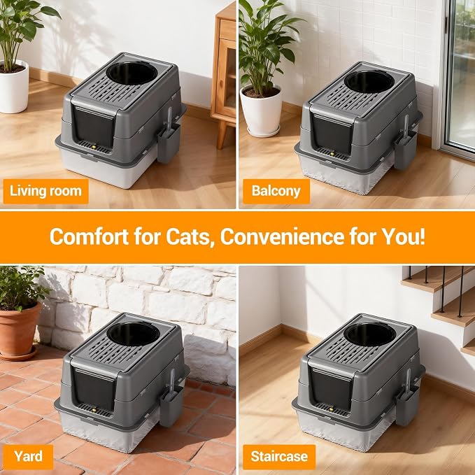 GarveeHome 23.62" Large Stainless Steel Litter Box for Large Cats, Enclosed Cat Litter Pan with 180° Flip-Top Lid, Dual Entry Front Door & Top Entrance, Easy Clean Odor Control for Multi-Cat