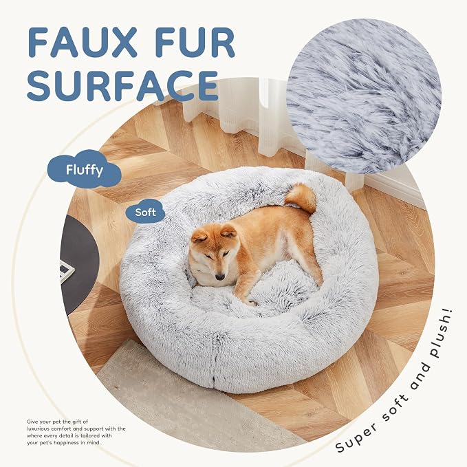 DUMOS Donut Dog Beds for Large Dogs, 37.4x37.4 Inch Machine Washable Cuddler Warming Cozy Fluffy Faux Fur Plush Round Pet Bed, Anti-Slip Bed for Indoor Dogs and Cats, Grey