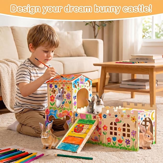 Large Bunny Castle for Rabbits, Wooden Dual-Layer Rabbit House with Stair, Rubber Band-Free Setup - Chew-Proof, Sturdy Habitat for Guinea Pig Chinchilla Ferret (Rabbit House)