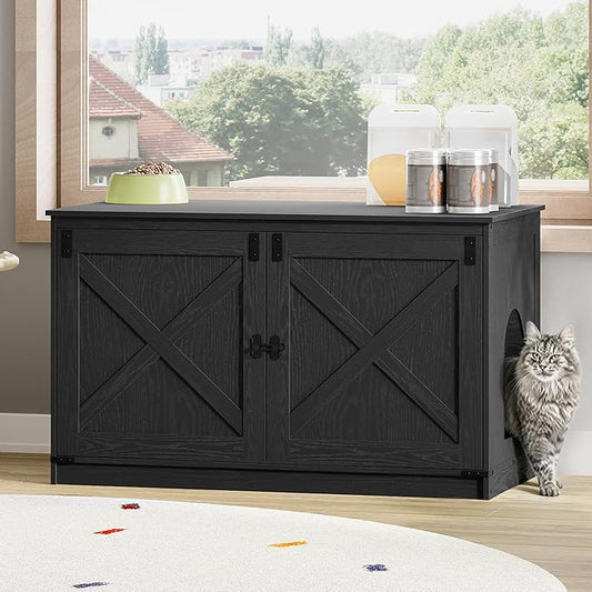 Hzuaneri Cat Litter Box Enclosure with Cushion, Hidden Litter Box Furniture with Removable Dividers, Reversible Entrance Left or Right Side, Cat House, Black CB84704X