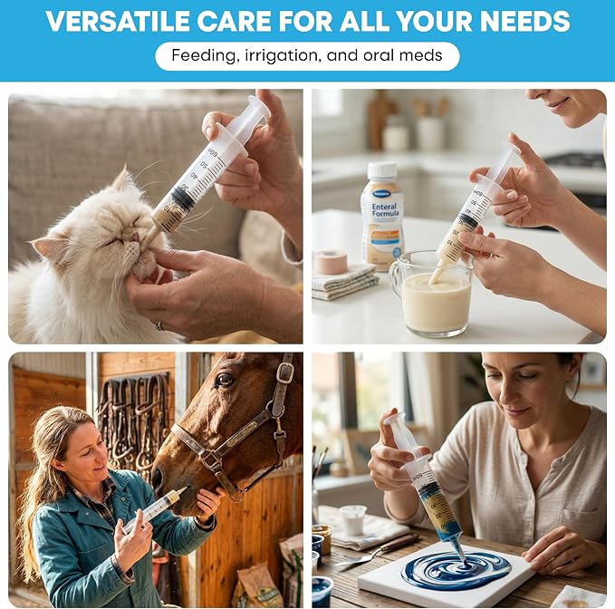 60ml Catheter Tip Syringe with Covers 5 Pack by Tilcare - Sterile Plastic Medicine Food Droppers for Children, Pets or Adults – Latex-Free Oral Medication Dispenser - Large Feeding Tube Syringes