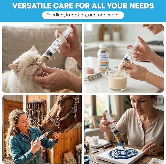 60ml Catheter Tip Syringe with Covers 10 Pack by Tilcare - Sterile Plastic Medicine Food Droppers for Children, Pets or Adults – Latex-Free Oral Medication Dispenser - Large Feeding Tube Syringes
