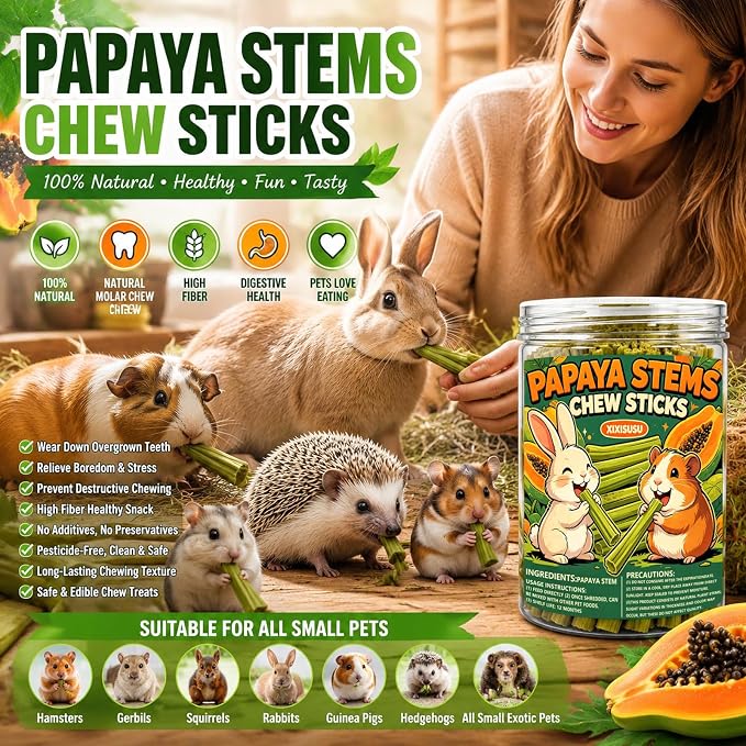 40pcs Natural Papaya Stems Chew Toys, Small Pet Molar Sticks for Rabbits, Hamsters, Chinchillas, Guinea Pigs, Squirrels & Hedgehogs