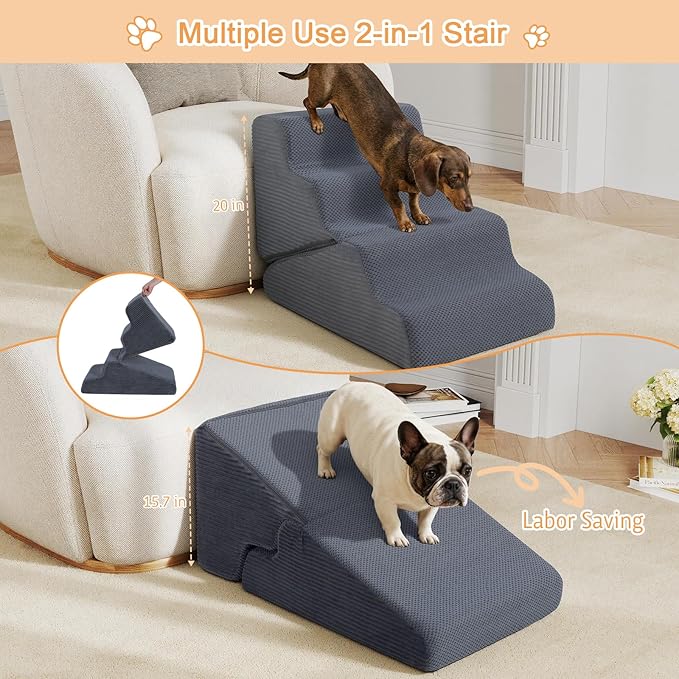 Dog Ramp for Bed, Extra Wide 20" Width Dog Stairs for High Bed, 2 in 1 Pet Steps for Small Dogs, 4-Step Foldable Transformable Large Cats Ramp to Get on Couch, Non-Slip Balanced, Grey